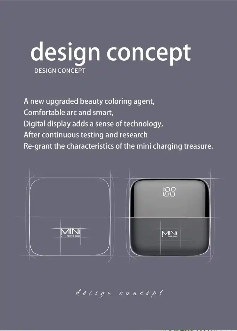 Design concept for a mini charging treasure with text and product illustration on a gray background