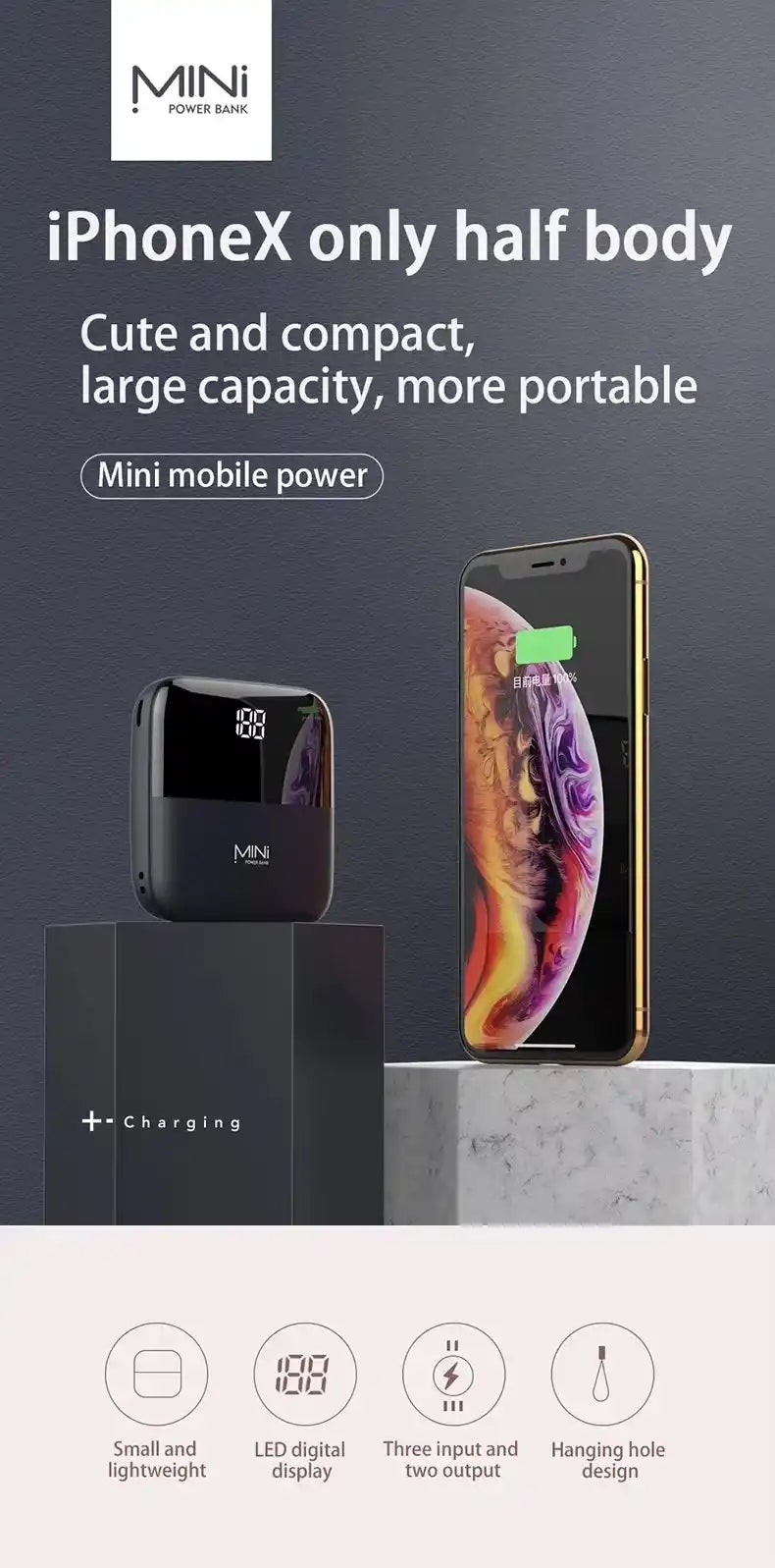 Mini mobile power bank with smartphone 